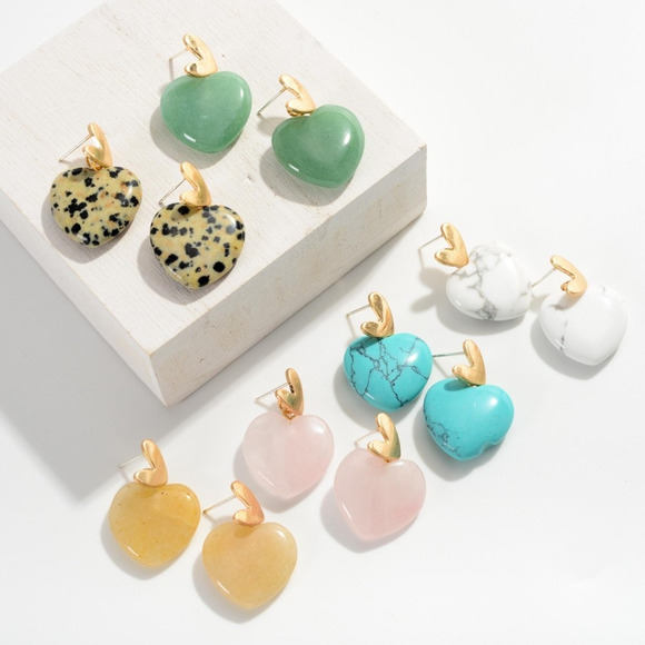 Natural Stone Heart Drop Earrings Turquoise - Picture 3 of 3